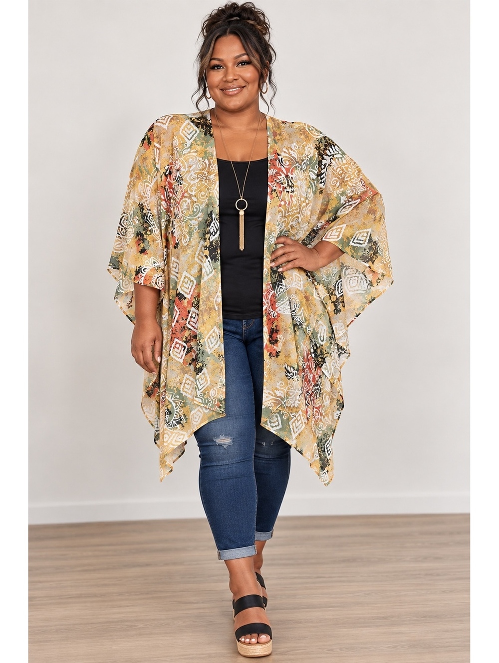 1377 N Touch Plus Size 1X/2X Oversize 45" PTP Printed Open Front Kimono A0001377